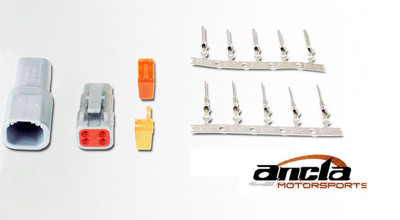DTM-Style 3-Way Connector Kit. Includes Plug, Receptacle, Plug Wedge Lock, Receptacle Wedge Lock, 4 Female Pins & 4 Male Pins
